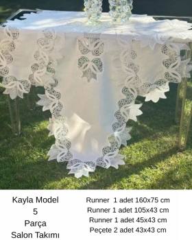 Salon Takımı 5 Parça Keten Masa Örtüsü Runner Seti Çeyizlik Kayla Model No 22252 Krem-Gümüş