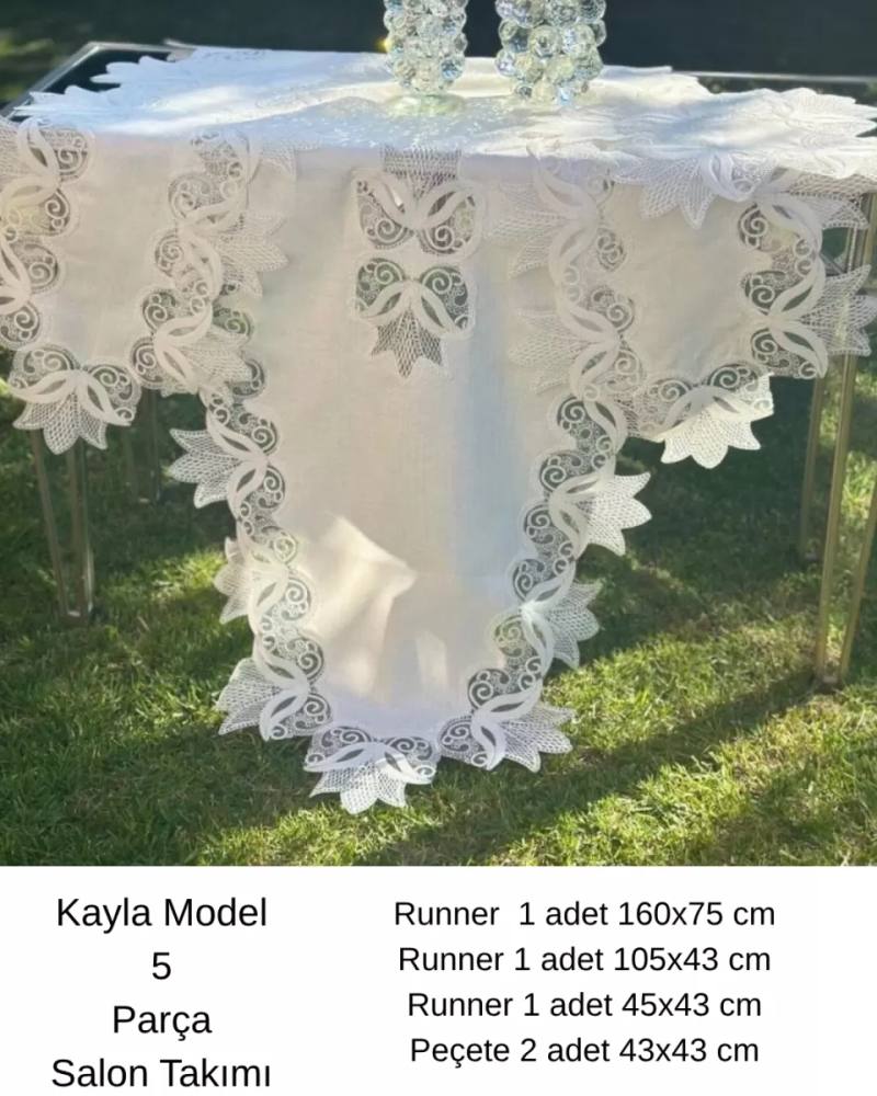 Salon Takımı 5 Parça Keten Masa Örtüsü Runner Seti Çeyizlik Kayla Model No 22252 Krem-Gümüş