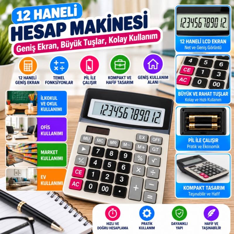 12 Haneli Geniş LCD Ekran, Pilli Büyük Düğmeli Hesap Makinesi (adet fiyatıdır)