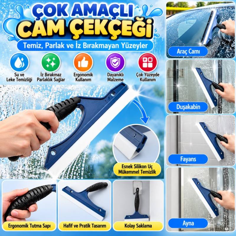 Çok Amaçlı Cam Çekçeği–Araç Camı, Duşakabin, Fayans ve Ayna İçin Leke Temizleme Aparatı