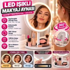 LED Işıklı Yuvarlak Makyaj Aynası – Dokunmatik Ayarlanabilir Işık Tonlu, 360° Döner Masaüstü Profesyonel Makyaj ve Cilt Bakım Aynası