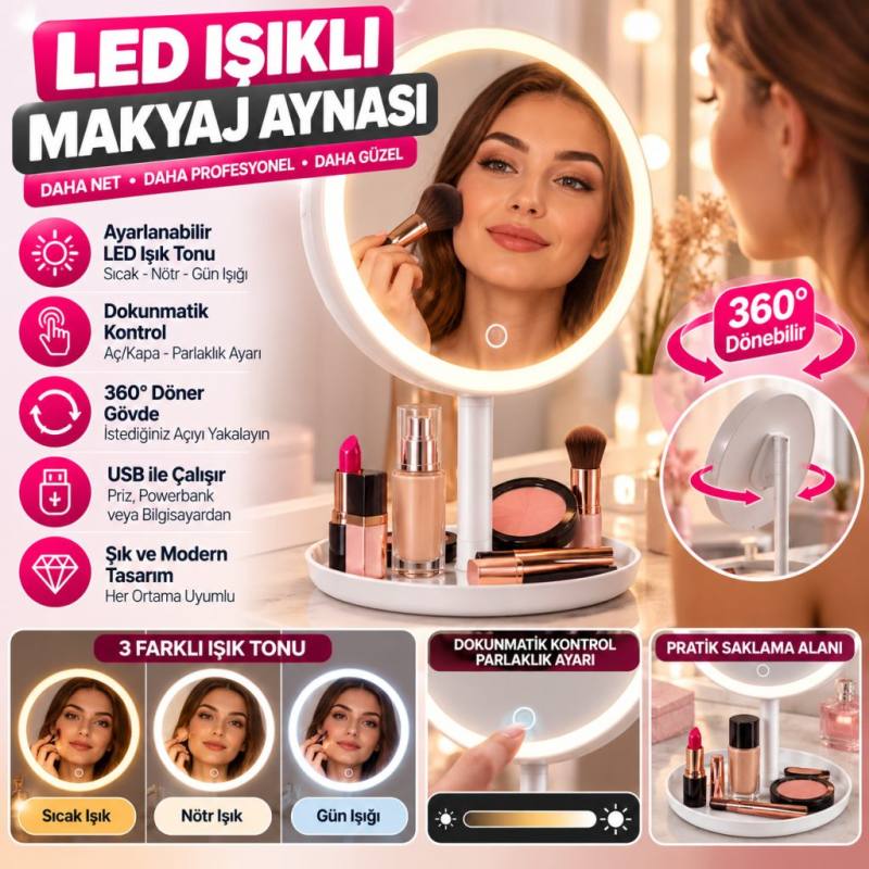 LED Işıklı Yuvarlak Makyaj Aynası – Dokunmatik Ayarlanabilir Işık Tonlu, 360° Döner Masaüstü Profesyonel Makyaj ve Cilt Bakım Aynası