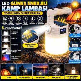 LED Güneş Enerjili Kamp Lambası–2000 Lümen Süper Parlak, 5 Aydınlatma Modlu,USB ile Şarj Edilebilir Dış Mekan,Asılabilir Torch El Feneri