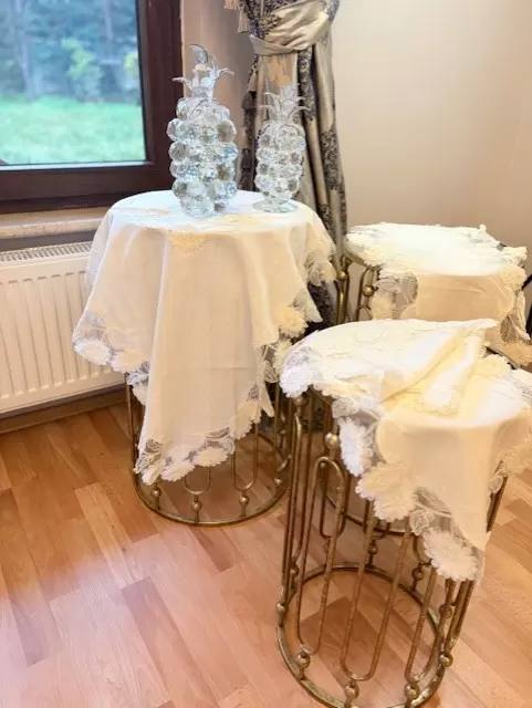 Çeyizlik Flowers Model Bej 5 Parça Keten Dantelli Masa Örtüsü Seti Modern Salon Takımı