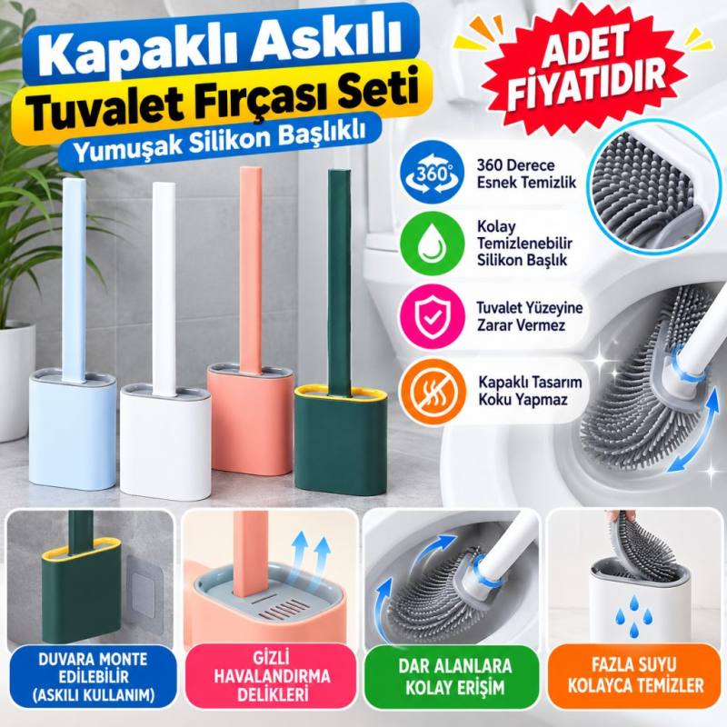 Duvara Monte Edilebilir Kapaklı Askılı Klozet Yumuşak Silikon Başlıklı Tuvalet Fırçası Seti(adet fiyatıdır)