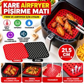 Siyah Isıya Dayanıklı Yıkanılabilir Silikon Fırın Ve Airfryer Kare Model Pişirme Matı 21,5 Cm