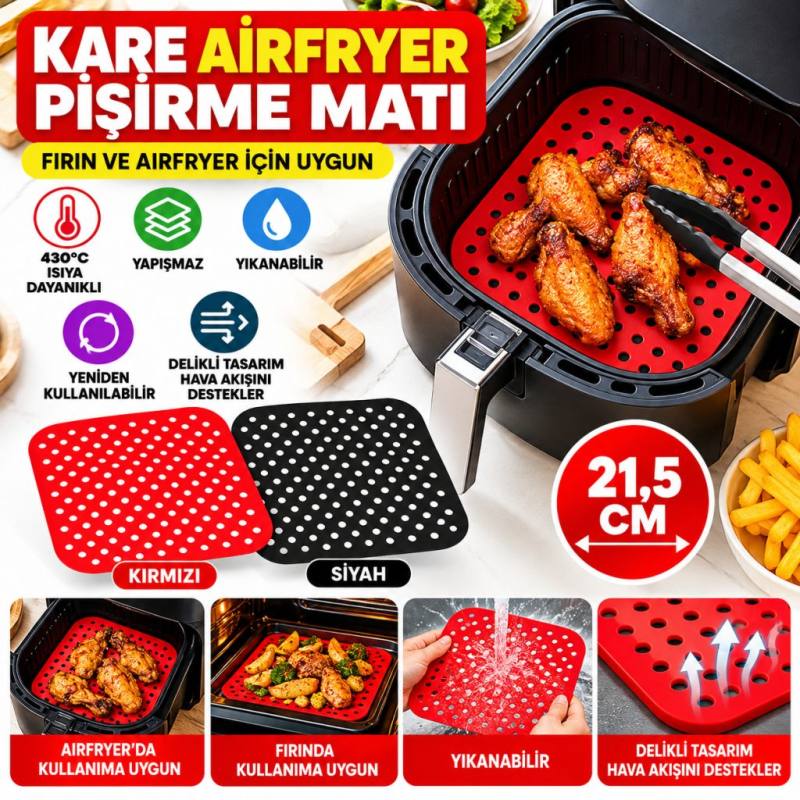 Siyah Isıya Dayanıklı Yıkanılabilir Silikon Fırın Ve Airfryer Kare Model Pişirme Matı 21,5 Cm