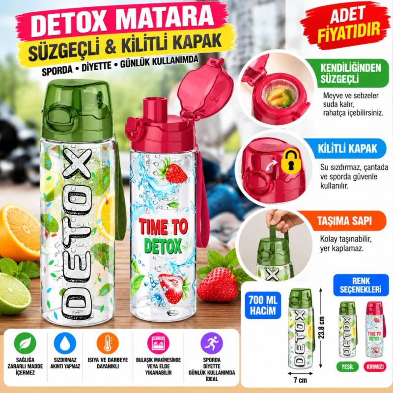 Tutma Saplı Kilitli Kendiliğinden Süzgeçli Kolay Taşınabilir Detoks Sporcu Diyet Matarası (adet fiyatıdır)