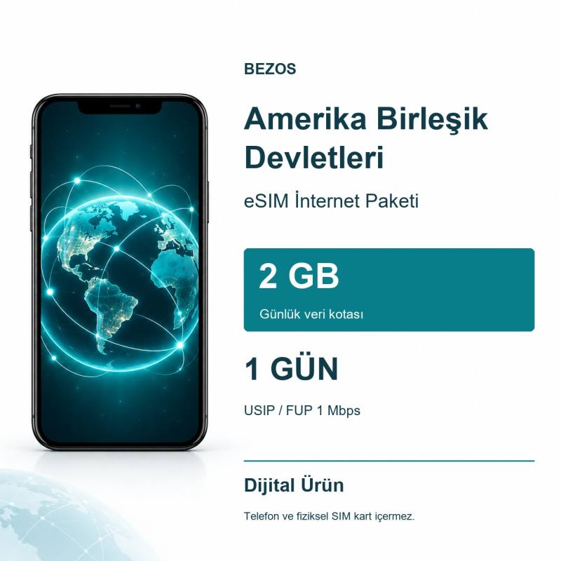 Amerika Birleşik Devletleri eSIM İnternet Paketi Günlük 2 GB 1 Gün - USIP / FUP 1 Mbps