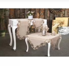 Flowers Model Kapiçino 5 Parça Keten Dantelli Masa Örtüsü Runner Seti Çeyizlik Salon Takımı