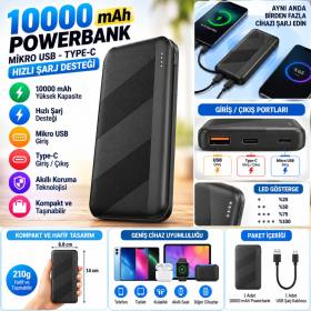 Mikro Type-C USB Hızlı Şarj Edebilen 10000 mAh Powerbank