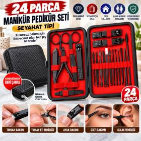 24 Parça Kendiliğinden Deri Çantalı Seyahat Tipi Manikür Pedikür Seti