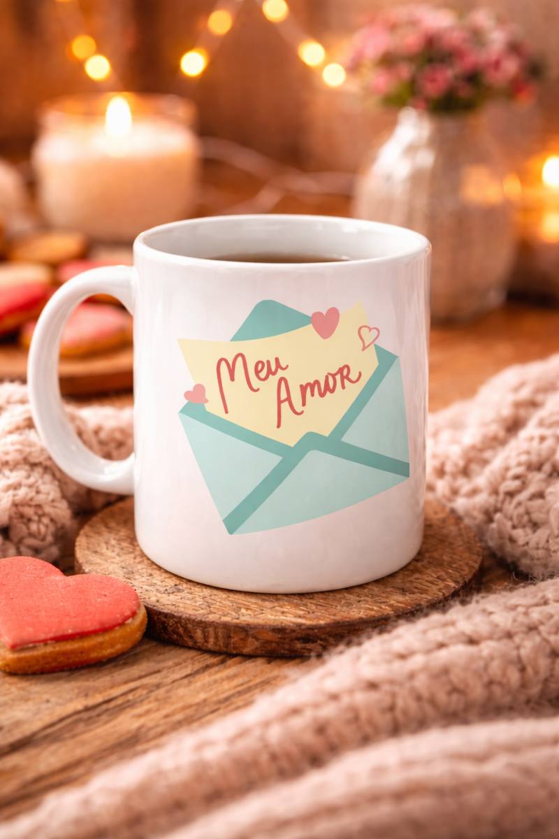 Meu Amor Tasarımlı Porselen Kupa Model 11 - Romantik Kalp Desenli Sevgili Kupası - Özel Tasarım Kahve & Çay Kupası