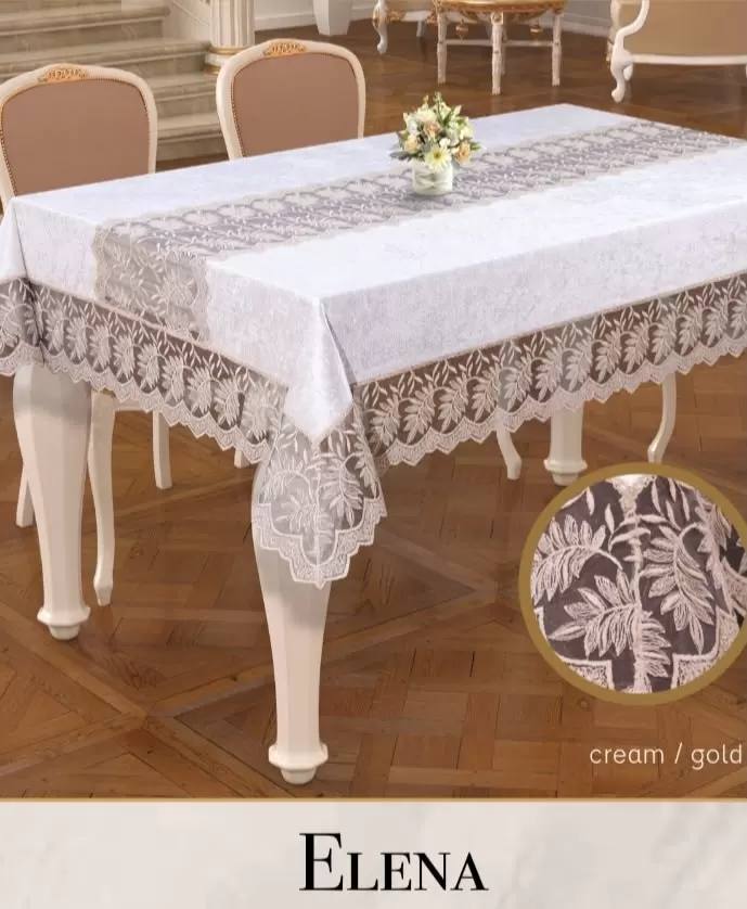 Elena Model Krem-Gold Keten 160x220 cm İşlemeli Dantelli Şık Masa Örtüsü