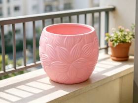 3D Baskı Yapraklı Desenli Yuvarlak Saksı Tepsili Süzdürmeli Bitki Saksısı 15 cm Dekoratif Çiçek - Pembe