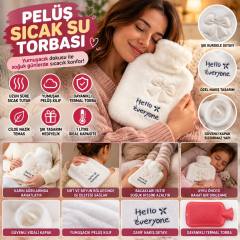 Hello Everyone Yazılı Kurdeleli Beyaz Peluş Sıcak Su Torbası 1 Lt – Yumuşak Kılıf, Uzun Süre Sıcak Tutan Termal Su Torbası