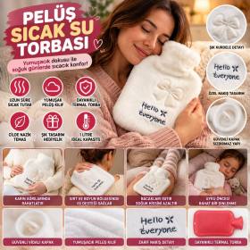 Hello Everyone Yazılı Kurdeleli Beyaz Peluş Sıcak Su Torbası 1 Lt – Yumuşak Kılıf, Uzun Süre Sıcak Tutan Termal Su Torbası