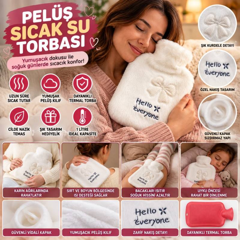 Hello Everyone Yazılı Kurdeleli Beyaz Peluş Sıcak Su Torbası 1 Lt – Yumuşak Kılıf, Uzun Süre Sıcak Tutan Termal Su Torbası