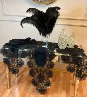 Palmiye Model Siyah Çeyizlik 7 Parça Keten Masa Örtüsü Yolluk Seti Salon Takımı