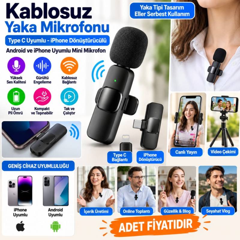 Type C Uyumlu İphone Dönüştürücülü Kablosuz Yaka Mikrofonu Android ve İphone Uyumlu Mini Mikrofon (adet fiyatıdır)
