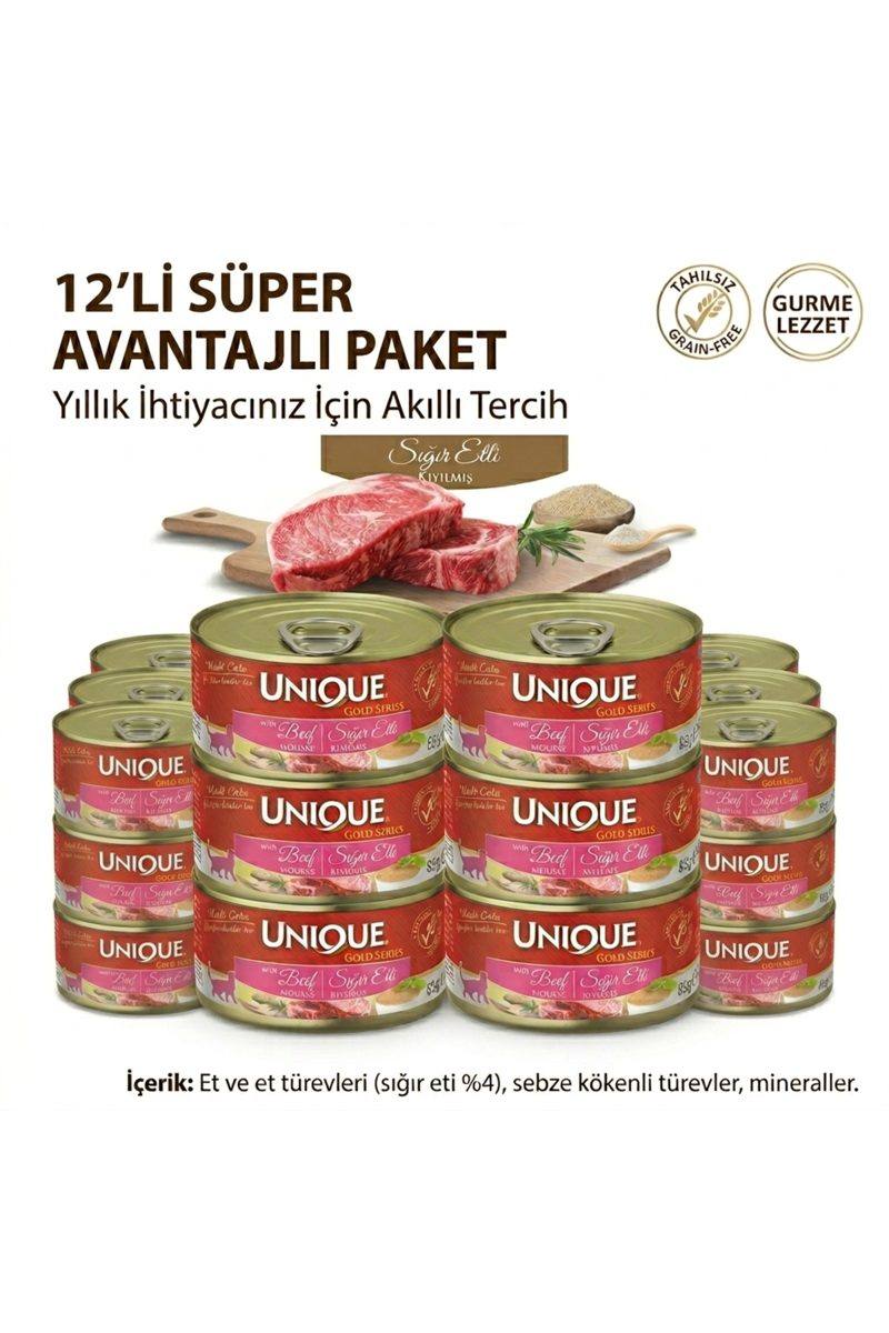 UNIQUE Gold Series Tahılsız Sığır Etli Mousse Yetişkin Kedi Konservesi 85 gr X 12 ADET
