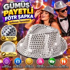 Disko Star Gümüş Payetli Fötr Şapka Yetişkin Boy
