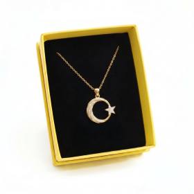 Özek Kutusunda Ay Yıldız Çelik Kolye - Zirkon Taşlı Gold Tasarım