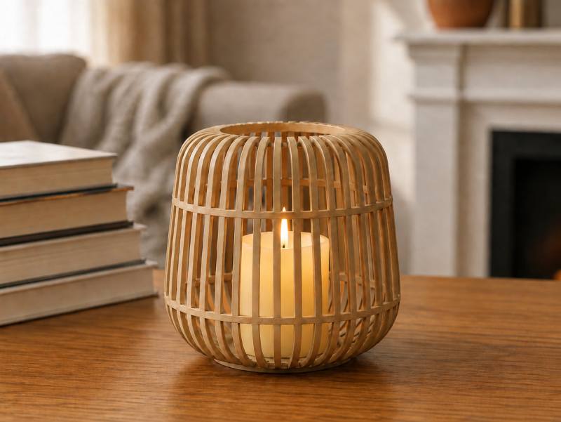 3D Baskı Modern Kafes Tasarımlı Dekoratif Mumluk - Tealight Mumluk, Masaüstü Ev ve Ofis Dekoru-Bej
