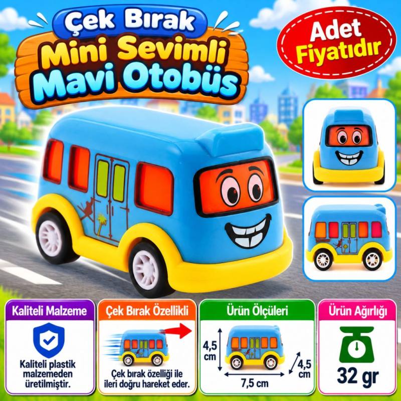 Çek Bırak Mini Sevimli Mavi Otobüs (adet fiyatıdır)