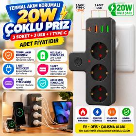 Yumurcak Shop Termal Akım Korumalı 3 Adet Soket,3 Adet USB ve 1 Adet Type-C Girişli 20w Priz Model 3397(adet fiyatıdır)