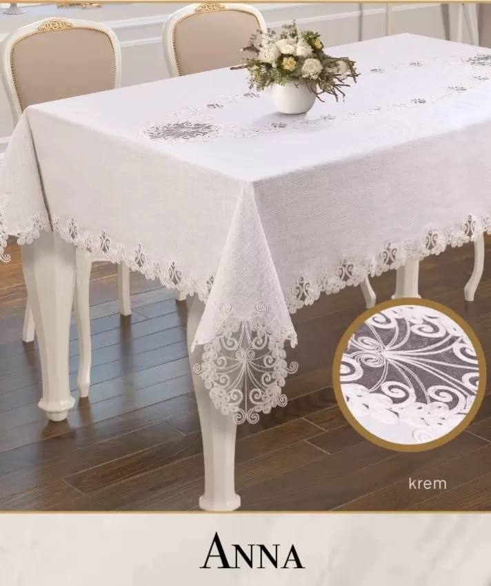 160x260 cm Gardenya Keten Anna Model Krem Tek Masa Örtüsü Zarif Yemek Masası