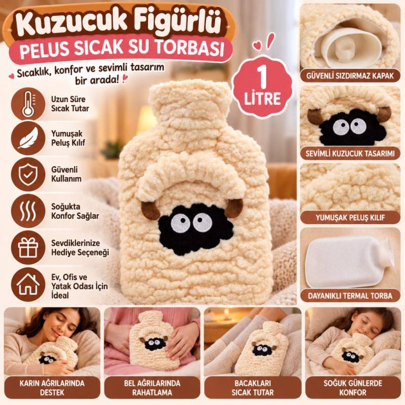 Kuzucuk Figürlü Peluş Sıcak Su Torbası 1 Lt – Yumuşak Kılıf, Uzun Süre Sıcak Tutan Termal Su Torbası