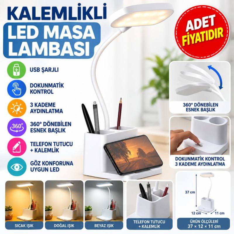 Kalemlikli USBli Dokunmatik 3 Kademeli 360 Derece Özel Göz Korumalı led Lityum Masa Lambası (adet fiyatıdır)