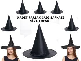 Siyah Renk Parlak Dralon Cadı Şapkası Yetişkin ve Çocuk Uyumlu 6 Adet