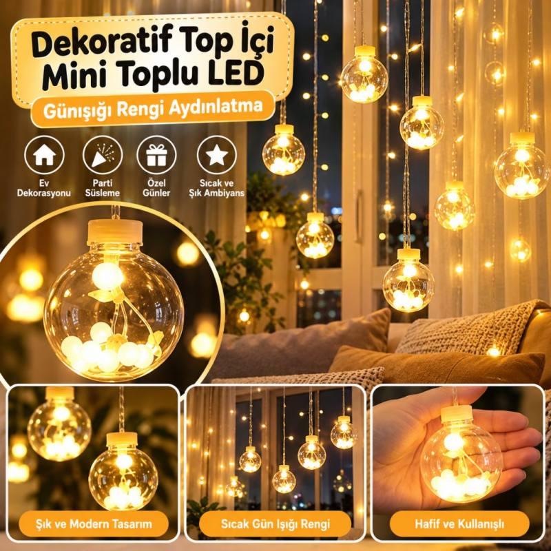 10 Sarkıtlı Kumandalı Dekoratif Top İçi Mini Toplu LED Günışığı Rengi Dekoratif Aydınlatma
