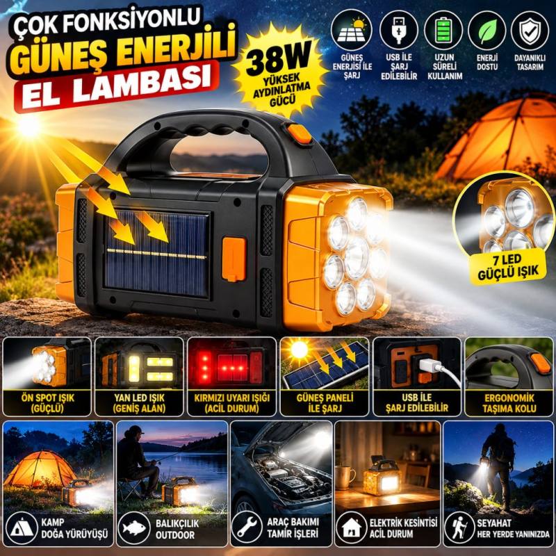 Çok Fonksiyonlu Elde Güneş Enerjili Lamba – 38W