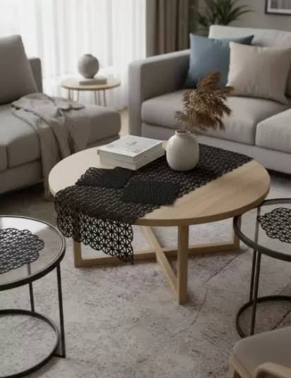 Krem Angles Model Dantel Masa Örtüsü Runner Seti 5 Parça Salon Takımı