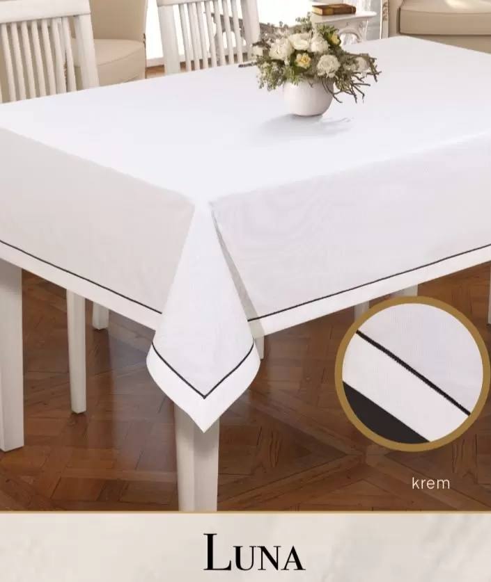 Keten Masa Örtüsü Tablecloth 160x220 cm Yemek Masası Örtüsü Luna Model Krem