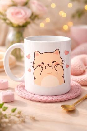 Sevimli Kedi Tasarımlı Porselen Kupa MODEL 193 – Kalpli Cute Cat Baskılı Kahve Kupası – Sevgiliye Hediye Sevimli Kupa
