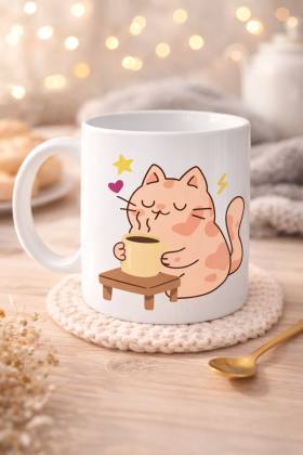 Sevimli Kedi Tasarımlı Porselen Kupa MODEL 196 – Kahve İçen Kedi Baskılı Porselen Kahve Kupası – Kedi Severlere Hediyelik Porselen Kupa Bardak 330 ml