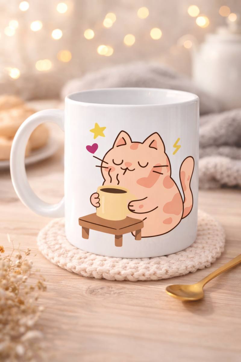 Sevimli Kedi Tasarımlı Porselen Kupa MODEL 196 – Kahve İçen Kedi Baskılı Porselen Kahve Kupası – Kedi Severlere Hediyelik Porselen Kupa Bardak 330 ml