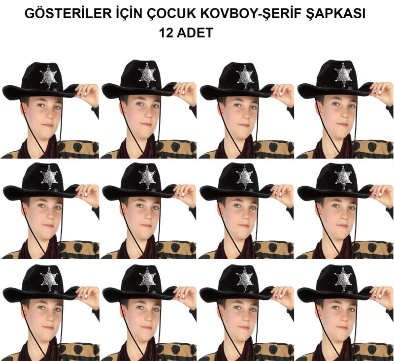 Kovboy Şerif Şapkası Siyah 12 Adet - Kostüm, Parti ve Gösteri Şapkası
