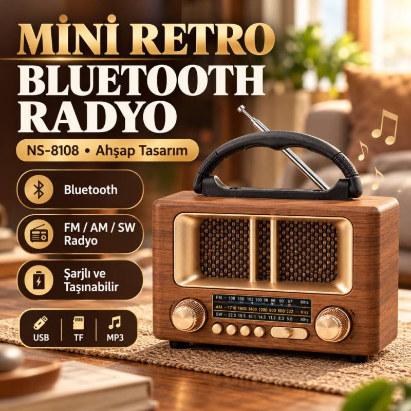 Küçük Mini Boy Retro Ahşap Tasarım Bluetooth Hoparlörlü Radyo – FM/AM Destekli, Şarjlı ve Taşınabilir Radyo NS-8108
