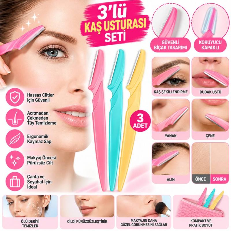 3’lü Kadın Kaş Usturası Seti – Hassas Ciltler İçin Güvenli Yüz Tüy Temizleme Bıçağı