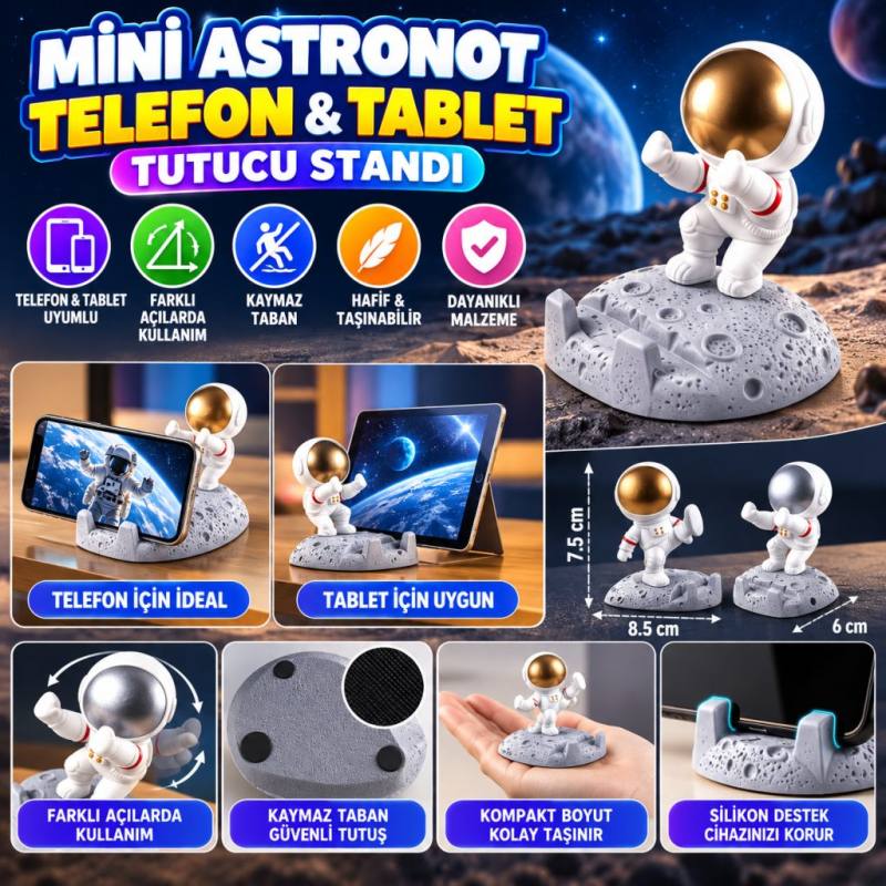 Mini Astronot Model Telefon ve Tablet Tutucu Standı