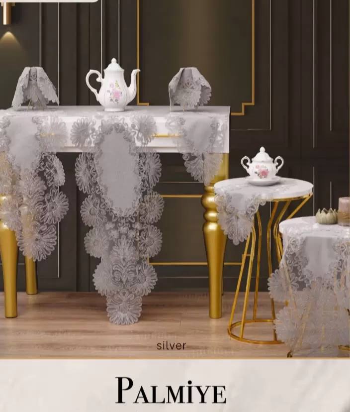 Keten Palmiye Model Gri 7 Parça Runner Seti Masa Örtüsü Salon Takımı