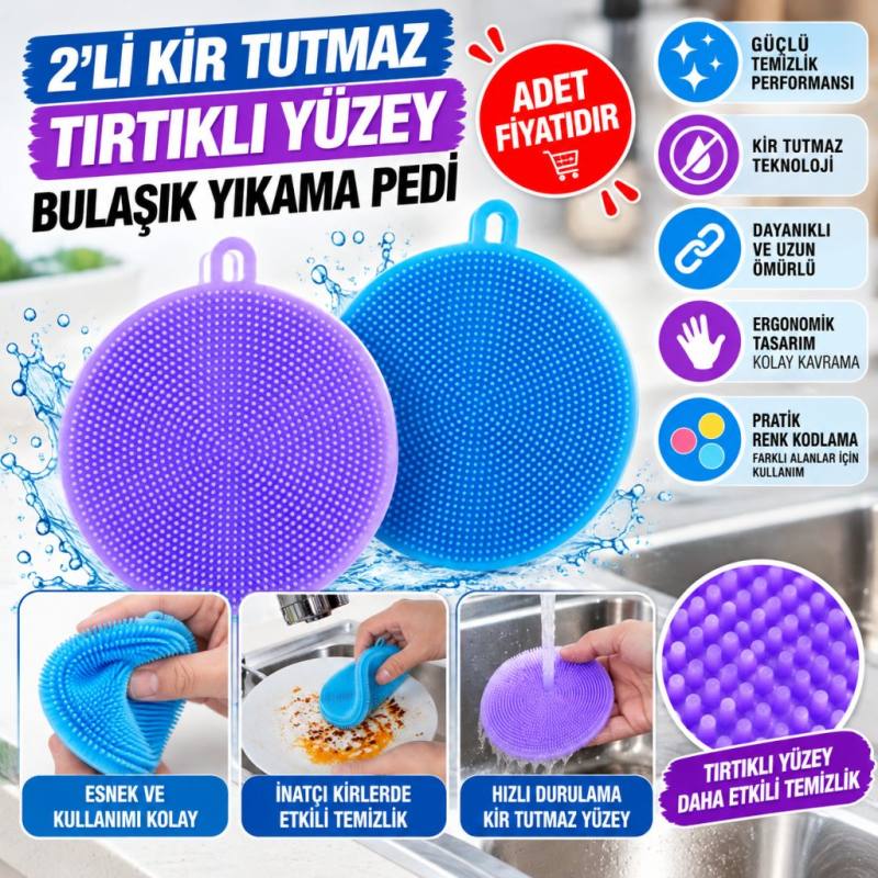 2'li Kir Tutmaz Tırtıklı Yüzey Bulaşık Yıkama Pedi