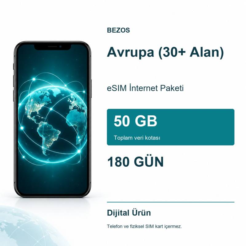 Avrupa (30+ Alan) eSIM İnternet Paketi 50 GB 180 Gün