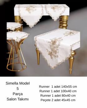 Simella Model Krem-Kapiçino Çeyizlik Nakış İşlemeli Masa Örtüsü Runner Seti Salon Takımı