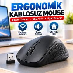 Siyah Renkli Ergonomik Sessiz Kablosuz Mouse – USB Alıcılı, Ofis ve Oyun İçin Konforlu Bilgisayar Faresi MS6310